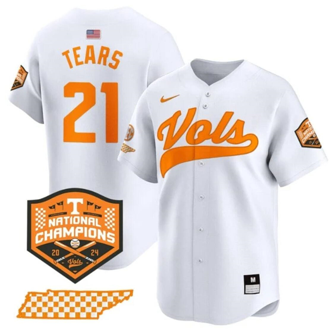 Men's Tennessee Volunteers #21 Kavares Tears White 2024 Champions Vapor Limited Stitched Jersey Men's Tennessee Volunteers #21 Kavares Tears White 2024 Champions Vapor Limited Stitched Jersey