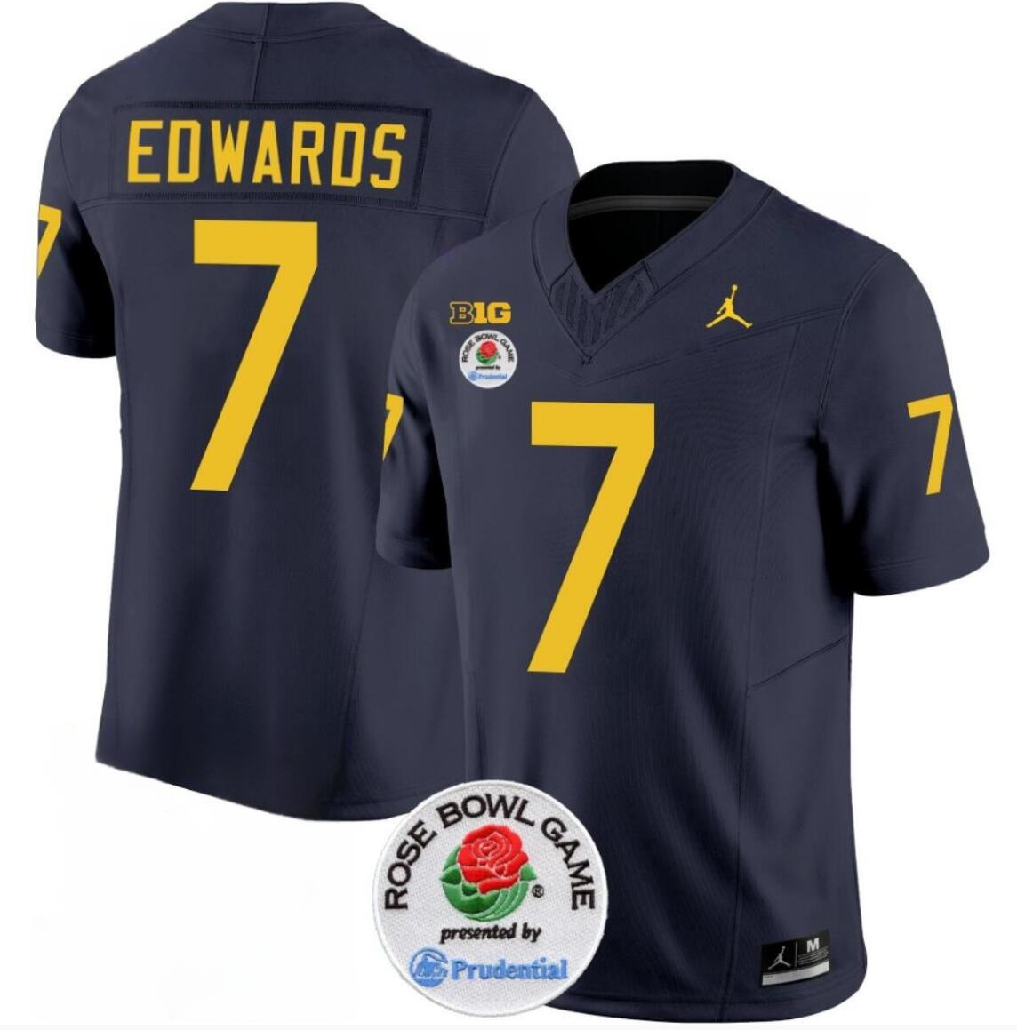 Men's Michigan Wolverines #7 Donovan Edwards 2023 F.U.S.E. Navy Blue Rose Bowl Patch Stitched Jersey Men's Michigan Wolverines #7 Donovan Edwards 2023 F.U.S.E. Navy Blue Rose Bowl Patch Stitched Jersey