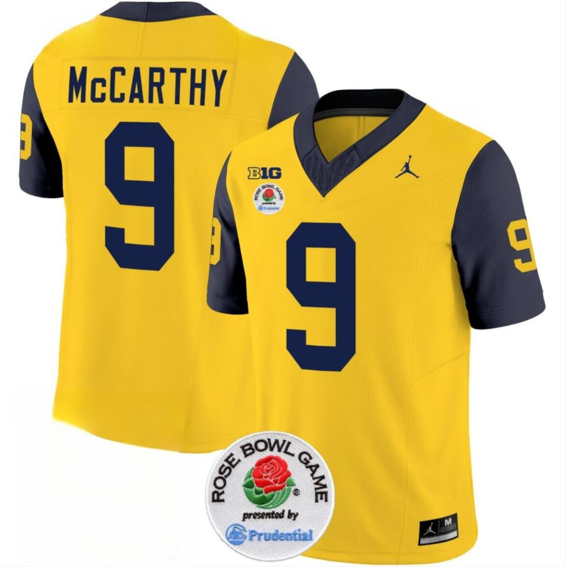 Men's Michigan Wolverines #9 J.J. McCarthy 2023 F.U.S.E. Yellow/Navy Rose Bowl Patch Stitched Jersey Men's Michigan Wolverines #9 J.J. McCarthy 2023 F.U.S.E. Yellow/Navy Rose Bowl Patch Stitched Jersey