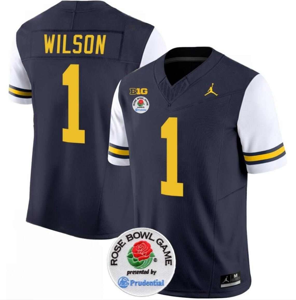 Men's Michigan Wolverines #1 Roman Wilson 2023 F.U.S.E. Navy/White Rose Bowl Patch Stitched Jersey Men's Michigan Wolverines #1 Roman Wilson 2023 F.U.S.E. Navy/White Rose Bowl Patch Stitched Jersey