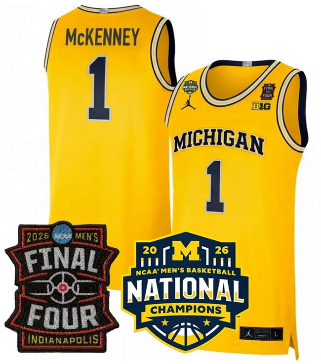 Men's Michigan Wolverines #1 Trey McKenney Yellow 2025/26 Final Four & National Champions Patch Stitched Basketball Jersey
