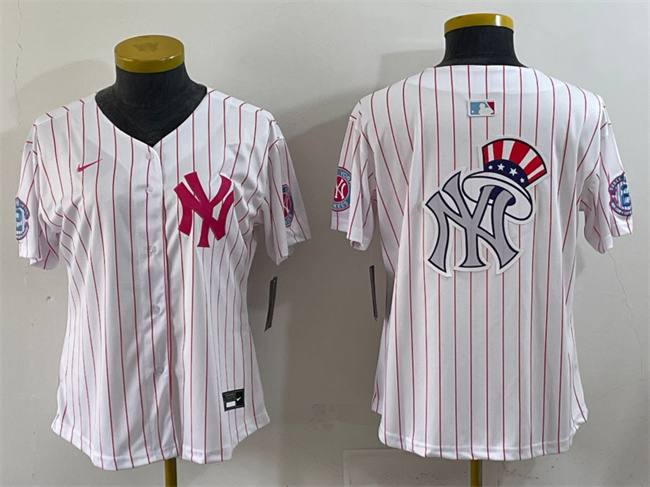 Youth New York Yankees Team Big Logo White/Pink Pinstripe Limited Stitched Baseball Jersey 004