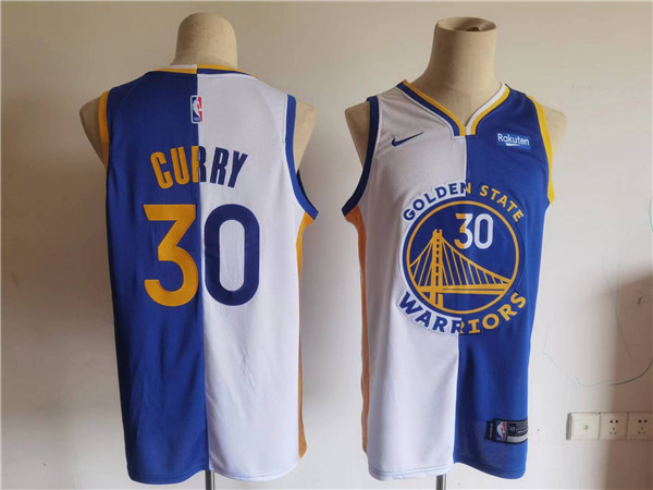 Men's Golden State Warriors #30 Stephen Curry Blue/White Split Stitched Basletball Jersey Men's Golden State Warriors #30 Stephen Curry Blue/White Split Stitched Basletball Jersey