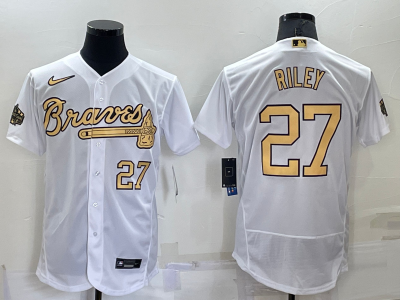Men's Atlanta Braves #27 Austin Riley 2022 All-Star White Flex Base Stitched Baseball Jersey Men's Atlanta Braves #27 Austin Riley 2022 All-Star White Flex Base Stitched Baseball Jersey