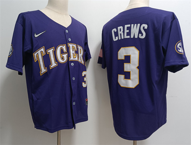 Men's LSU Tigers #3 ylan Crews Purple 2023 Stitched Baseball Jersey Men's LSU Tigers #3 ylan Crews Purple 2023 Stitched Baseball Jersey