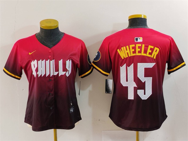 Women's Philadelphia Phillies #45 Zack Wheeler Red 2024 City Connect Limited Stitched Baseball Jersey Women's Philadelphia Phillies #45 Zack Wheeler Red 2024 City Connect Limited Stitched Baseball Jersey