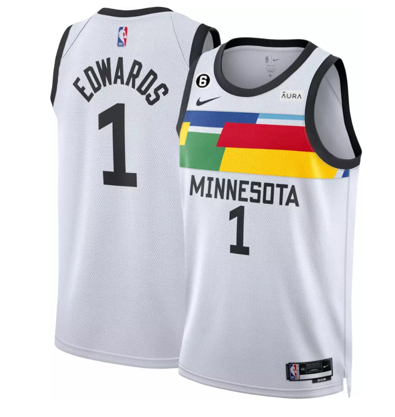 Men's Minnesota Timberwolves #1 Anthony Edwards White 2022/23 City Edition With NO.6 Patch Swingman Stitched Jersey Men's Minnesota Timberwolves #1 Anthony Edwards White 2022/23 City Edition With NO.6 Patch Swingman Stitched Jersey