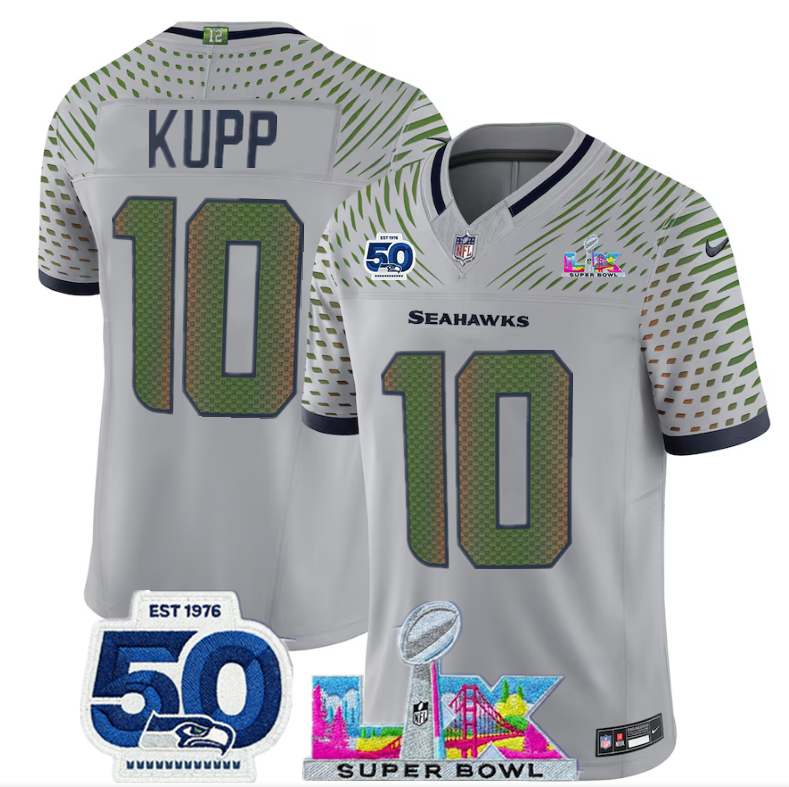 Women's Seattle Seahawks #10 Cooper Kupp Grey 2025 F.U.S.E. Super Bowl LX Patch And 50th Season Patch “Rivalries” Vapor Limited Stitched Football Jersey(Run Small) Women's Seattle Seahawks #10 Cooper Kupp Grey 2025 F.U.S.E. Super Bowl LX Patch And 50th Season Patch “Rivalries” Vapor Limited Stitched Football Jersey(Run Small)