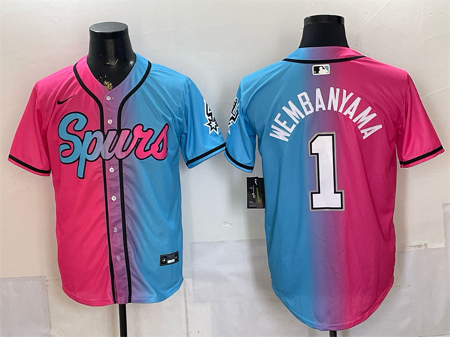 Men's San Antonio Spurs #1 Victor Wembanyama Pink/Blue Limited Stitched Baseball Jersey Men's San Antonio Spurs #1 Victor Wembanyama Pink/Blue Limited Stitched Baseball Jersey