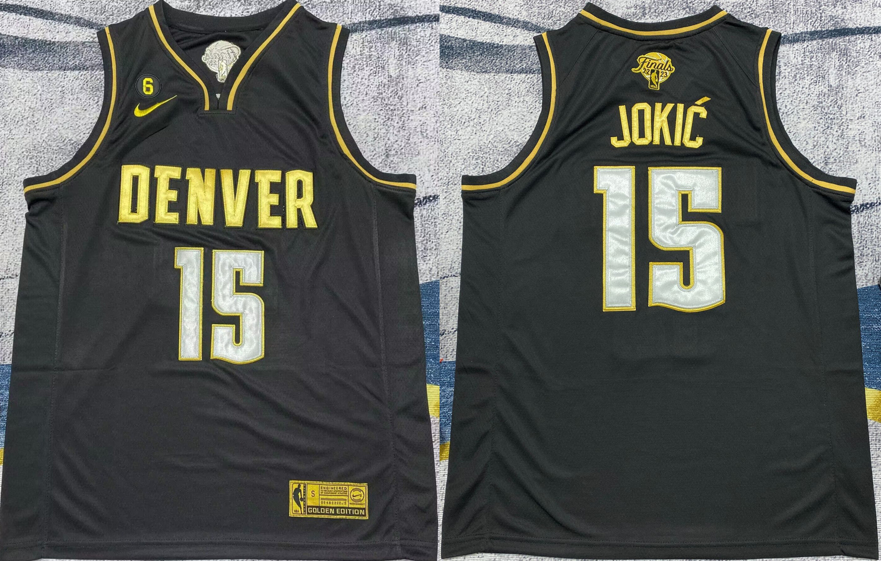 Men's Denver Nuggets #15 Nikola Jokic Black Gold 2023 Finals With NO.6 Patch Stitched Basketball Jersey Men's Denver Nuggets #15 Nikola Jokic Black Gold 2023 Finals With NO.6 Patch Stitched Basketball Jersey