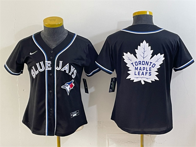 Women's Toronto Blue Jays & Leafs With White Leafs Logo 2026 Fashion Replica Black Out Stitched Baseball Jersey(Run Small)