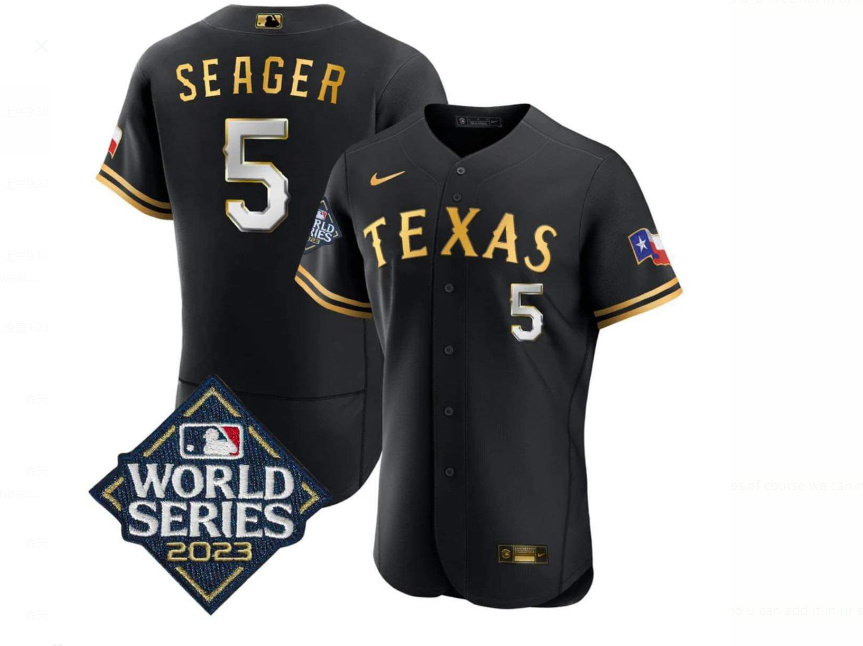 Men's Texas Rangers #5 Corey Seager Black Gold 2023 World Series Flex Base Stitched Baseball Jersey Men's Texas Rangers #5 Corey Seager Black Gold 2023 World Series Flex Base Stitched Baseball Jersey