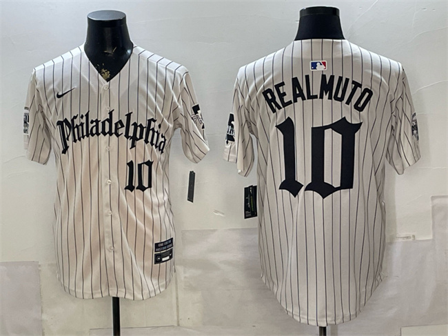 Men's Philadelphia Phillies #10 J.T. Realmuto Cream Pinstripe Gothic Vapor Limited Stitched Jersey Men's Philadelphia Phillies #10 J.T. Realmuto Cream Pinstripe Gothic Vapor Limited Stitched Jersey