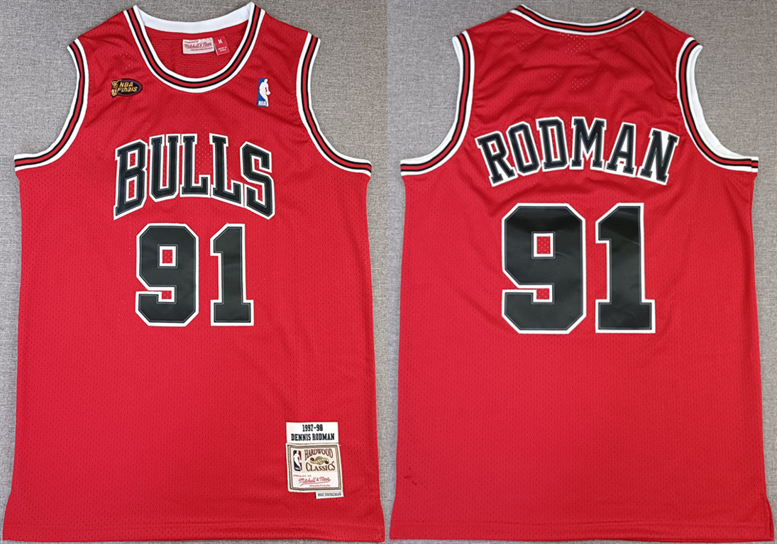 Men's Chicago Bulls #91 Dennis Rodman Red NBA Finals 1997-98 Throwback Champions Stitched Jersey Men's Chicago Bulls #91 Dennis Rodman Red NBA Finals 1997-98 Throwback Champions Stitched Jersey