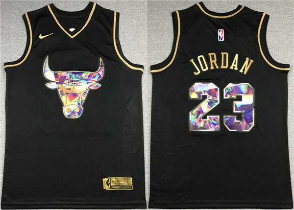 Men's Chicago Bulls #23 Michael Jordan 2021/22 Black Golden Edition 75th Anniversary Diamond Logo Stitched Basketball Jersey Men's Chicago Bulls #23 Michael Jordan 2021/22 Black Golden Edition 75th Anniversary Diamond Logo Stitched Basketball Jersey