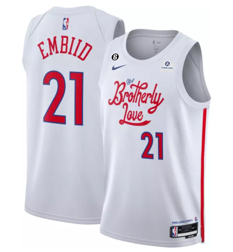 Men's Philadelphia 76ers #21 Joel Embiid White 2022/23 City Edition With NO.6 Patch Stitched Basketball Jersey Men's Philadelphia 76ers #21 Joel Embiid White 2022/23 City Edition With NO.6 Patch Stitched Basketball Jersey