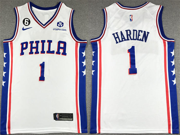 Men's Philadelphia 76ers #1 James Harden White With NO.6 Patch Stitched Jersey Men's Philadelphia 76ers #1 James Harden White With NO.6 Patch Stitched Jersey