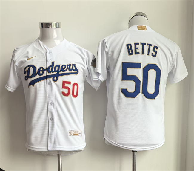 Youth Los Angeles Dodgers #50 Mookie Betts White Gold Collection Stadium Stitched Baseball Jersey Youth Los Angeles Dodgers #50 Mookie Betts White Gold Collection Stadium Stitched Baseball Jersey
