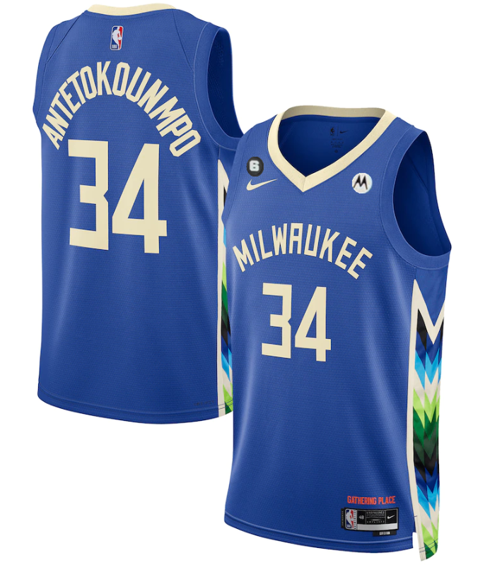 Men's Milwaukee Bucks #34 Giannis Antetokounmpo Blue 2022/23 City Edition With NO.6 Patch Stitched Basketball Jersey Men's Milwaukee Bucks #34 Giannis Antetokounmpo Blue 2022/23 City Edition With NO.6 Patch Stitched Basketball Jersey