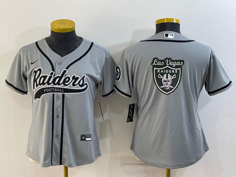 Women's Las Vegas Raiders Grey Team Big Logo With Patch Cool Base Stitched Baseball Jersey(Run Small) Women's Las Vegas Raiders Grey Team Big Logo With Patch Cool Base Stitched Baseball Jersey(Run Small)