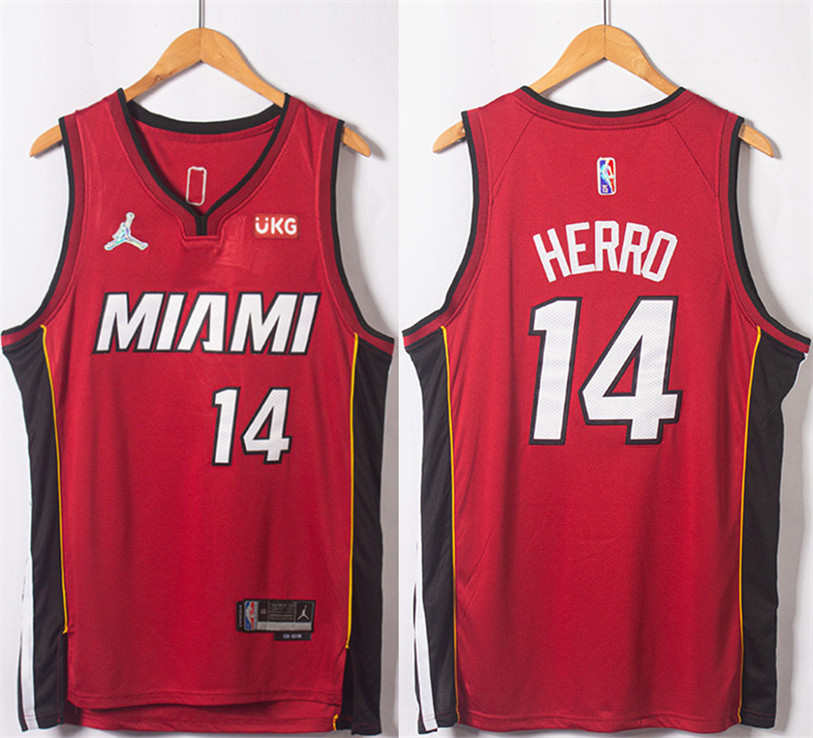 Men's Miami Heat #14 Tyler Herro Red Statement Edition 75th Anniversary Stitched Jersey Men's Miami Heat #14 Tyler Herro Red Statement Edition 75th Anniversary Stitched Jersey
