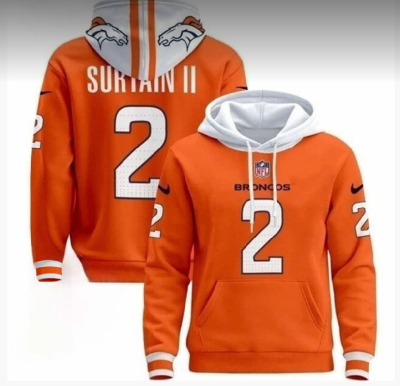 Women's Denver Broncos Customized Orange With 3-Time Champions Patch Pullover Hoodie