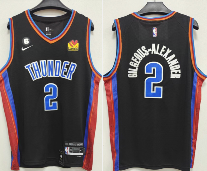 Men's Oklahoma City Thunder #2 Shai Gilgeous-Alexander Black With NO.6 Patch Stitched Basketball Jersey Men's Oklahoma City Thunder #2 Shai Gilgeous-Alexander Black With NO.6 Patch Stitched Basketball Jersey