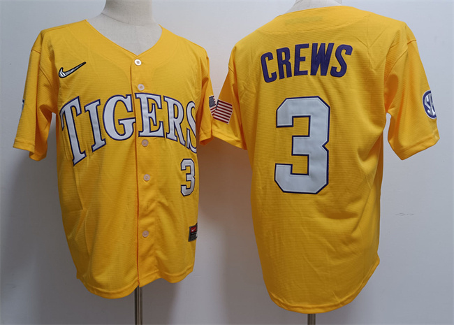 Men's LSU Tigers #3 ylan Crews Gold 2023 Stitched Baseball Jersey Men's LSU Tigers #3 ylan Crews Gold 2023 Stitched Baseball Jersey