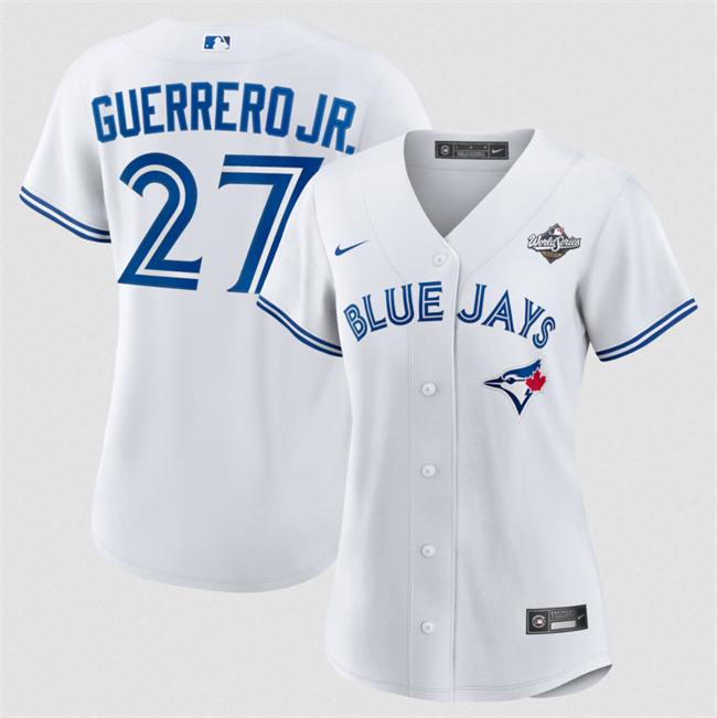 Men's Toronto Blue Jays #27 Vladimir Guerrero Jr. White 2025 World Series Home Cool Base Stitched Baseball Jersey Men's Toronto Blue Jays #27 Vladimir Guerrero Jr. White 2025 World Series Home Cool Base Stitched Baseball Jersey