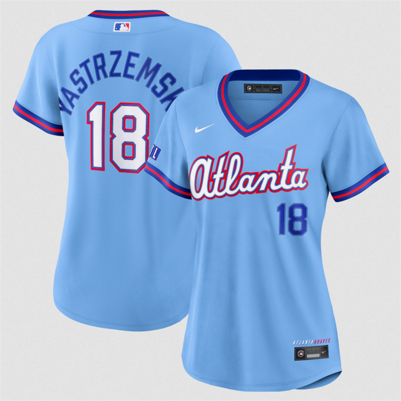 Women's Atlanta Braves #18 Mike Yastrzemski Powder Blue 2026 City Connect Stadium Stitched Baseball Jersey(Run Small) Women's Atlanta Braves #18 Mike Yastrzemski Powder Blue 2026 City Connect Stadium Stitched Baseball Jersey(Run Small)