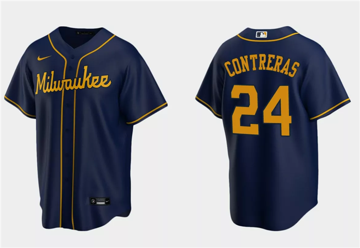Men's Milwaukee Brewers #24 William Contreras Navy Cool Base Stitched Jersey Men's Milwaukee Brewers #24 William Contreras Navy Cool Base Stitched Jersey