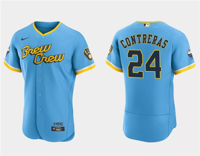 Men's Milwaukee Brewers #24 William Contreras Powder Blue 2022 City Connect Flex Base Stitched Baseball Jersey Men's Milwaukee Brewers #24 William Contreras Powder Blue 2022 City Connect Flex Base Stitched Baseball Jersey