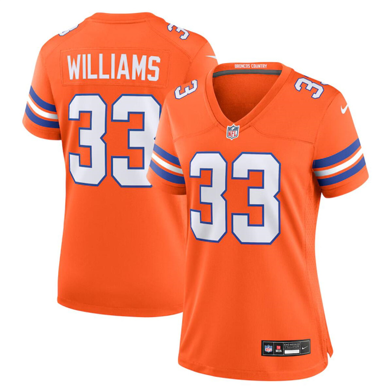 Women's Denver Broncos #33 Javonte Williams Orange Mile High Collection 1977 Throwback Stitched Jersey(Run Small) Women's Denver Broncos #33 Javonte Williams Orange Mile High Collection 1977 Throwback Stitched Jersey(Run Small)