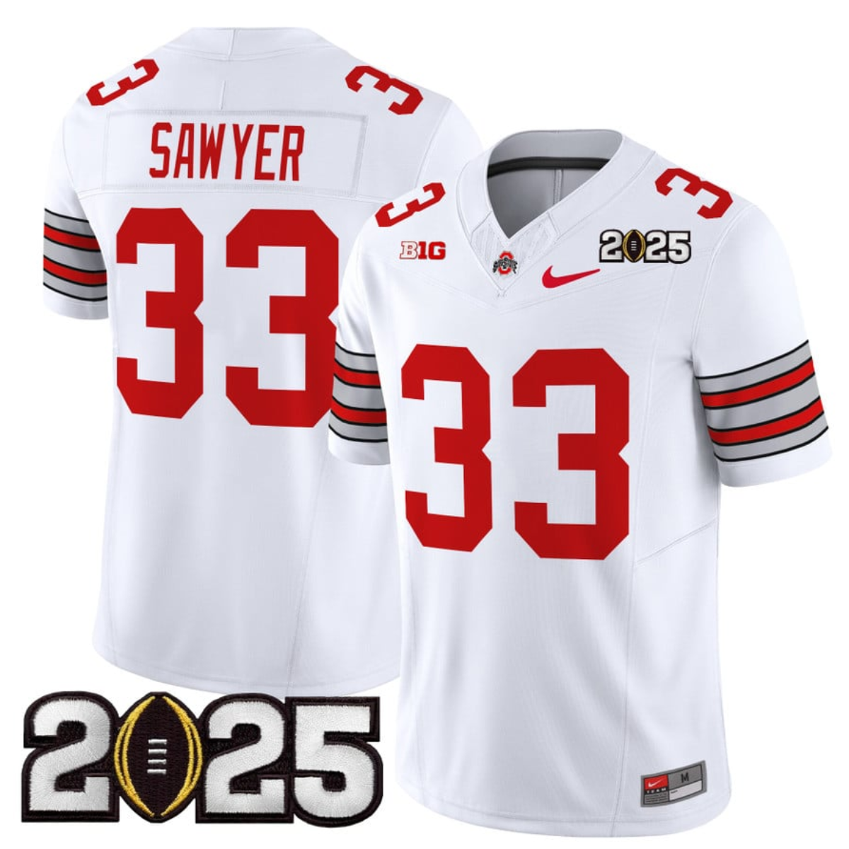 Men's Ohio State Buckeyes #33 Jack Sawyer White/Gold 2025 CFP Final Patch F.U.S.E. Vapor Limited Stitched Football Jersey Men's Ohio State Buckeyes #33 Jack Sawyer White/Gold 2025 CFP Final Patch F.U.S.E. Vapor Limited Stitched Football Jersey