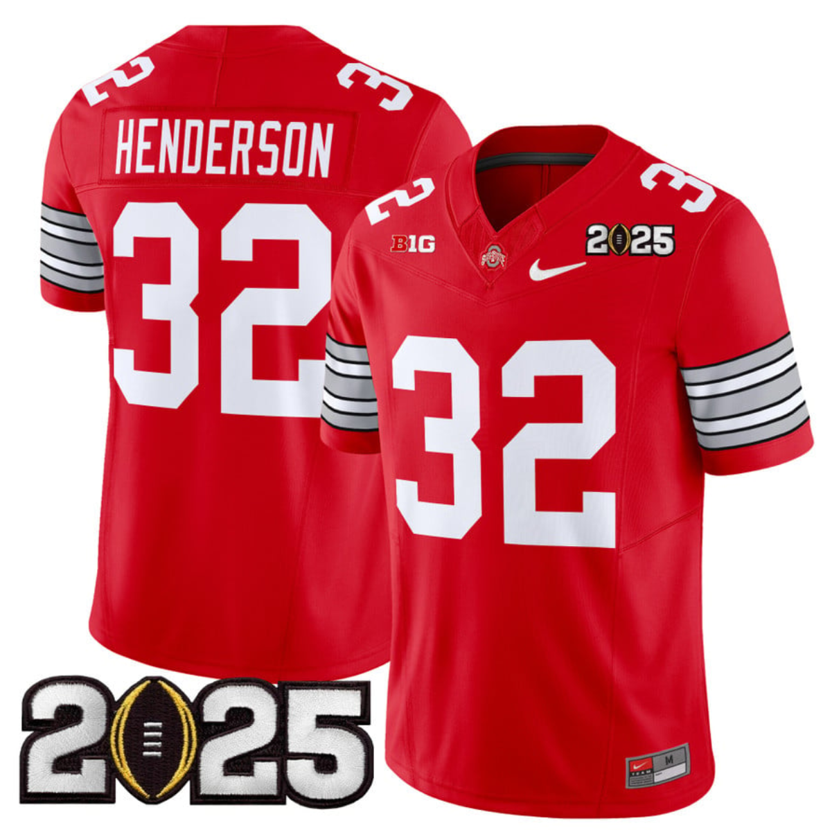 Men's Ohio State Buckeyes #32 TreVeyon Henderson Red 2025 CFP Final Patch F.U.S.E. Vapor Limited Stitched Football Jersey Men's Ohio State Buckeyes #32 TreVeyon Henderson Red 2025 CFP Final Patch F.U.S.E. Vapor Limited Stitched Football Jersey