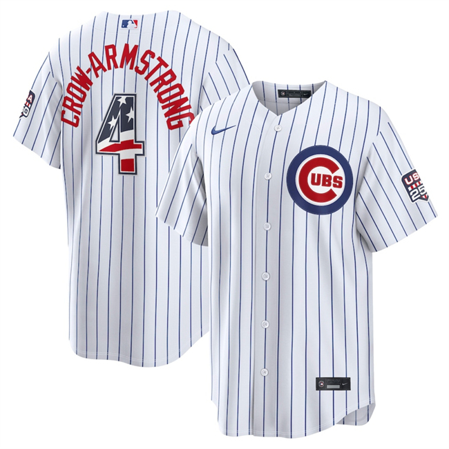Men's Chicago Cubs #4 Pete Crow-Armstrong White 2026 USA 250 Fourth of July Home Stadium Stitched Baseball Jersey Men's Chicago Cubs #4 Pete Crow-Armstrong White 2026 USA 250 Fourth of July Home Stadium Stitched Baseball Jersey