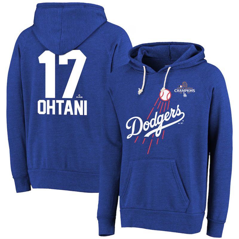 Men's Los Angeles Dodgers #17 Shohei Ohtani Royal 2024 World Series Champions Name & Number Tri-Blend Pullover Hoodie Men's Los Angeles Dodgers #17 Shohei Ohtani Royal 2024 World Series Champions Name & Number Tri-Blend Pullover Hoodie