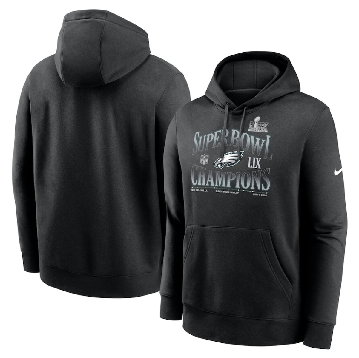 Men's Philadelphia Eagles Black Super Bowl LIX Champions 90's Retro Pullover Hoodie Men's Philadelphia Eagles Black Super Bowl LIX Champions 90's Retro Pullover Hoodie