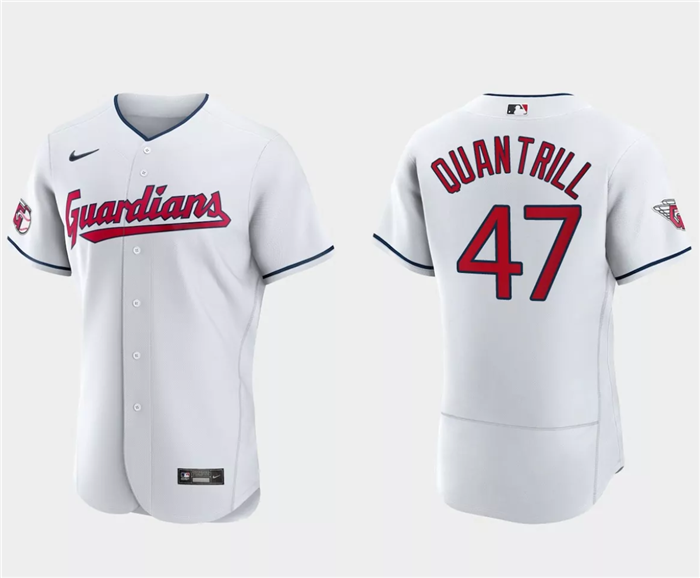Men's Cleveland Guardians #47 Cal Quantrill White Flex Base Stitched Jersey Men's Cleveland Guardians #47 Cal Quantrill White Flex Base Stitched Jersey