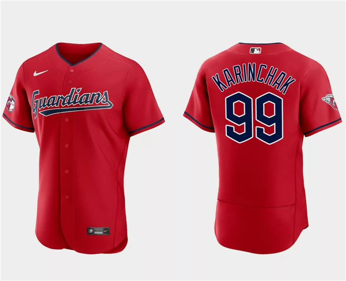 Men's Cleveland Guardians #99 James Karinchak Red Flex Base Stitched Jersey Men's Cleveland Guardians #99 James Karinchak Red Flex Base Stitched Jersey