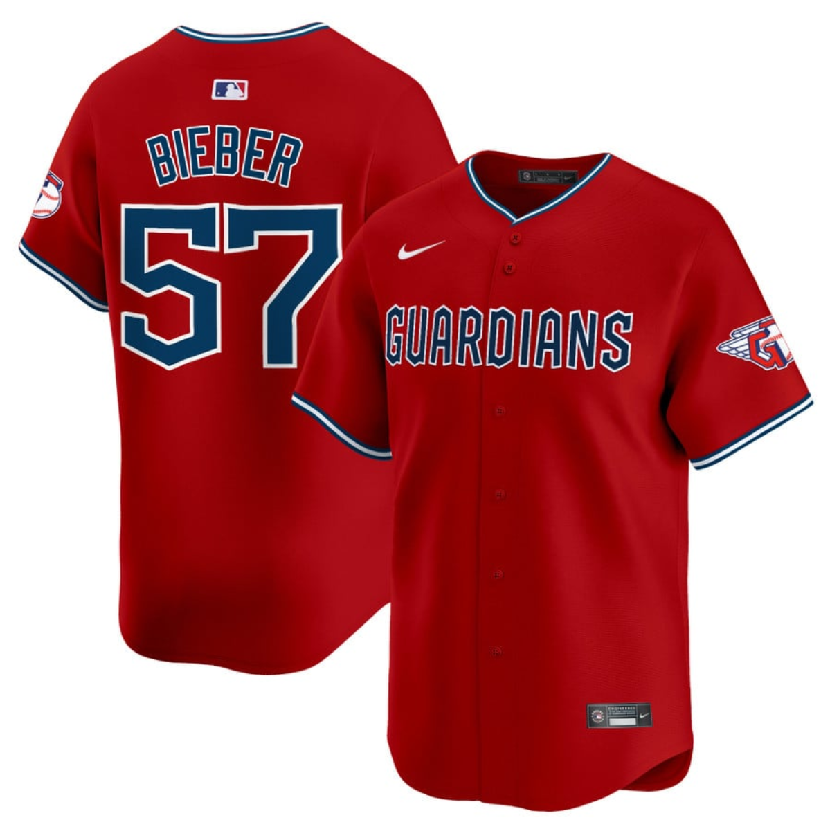 Men's Cleveland Guardians #57 Shane Bieber Red Alternate Limited Stitched Baseball Jersey Men's Cleveland Guardians #57 Shane Bieber Red Alternate Limited Stitched Baseball Jersey