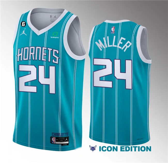 Men's Charlotte Hornets #24 Brandon Miller Teal 2022/23 Draft Icon Edition With NO.6 Patch Stitched Basketball Jersey Men's Charlotte Hornets #24 Brandon Miller Teal 2022/23 Draft Icon Edition With NO.6 Patch Stitched Basketball Jersey