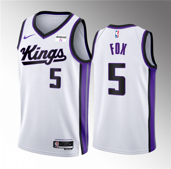 Men's Sacramento Kings #5 De’Aaron Fox White 2023/24 Association Edition Swingman Stitched Basketball Jersey Men's Sacramento Kings #5 De’Aaron Fox White 2023/24 Association Edition Swingman Stitched Basketball Jersey
