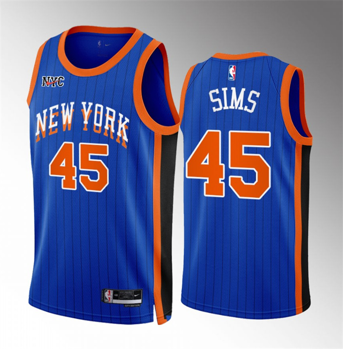 Men's New Yok Knicks #45 Jericho Sims Blue 2023/24 City Edition Stitched Basketball Jersey Men's New Yok Knicks #45 Jericho Sims Blue 2023/24 City Edition Stitched Basketball Jersey