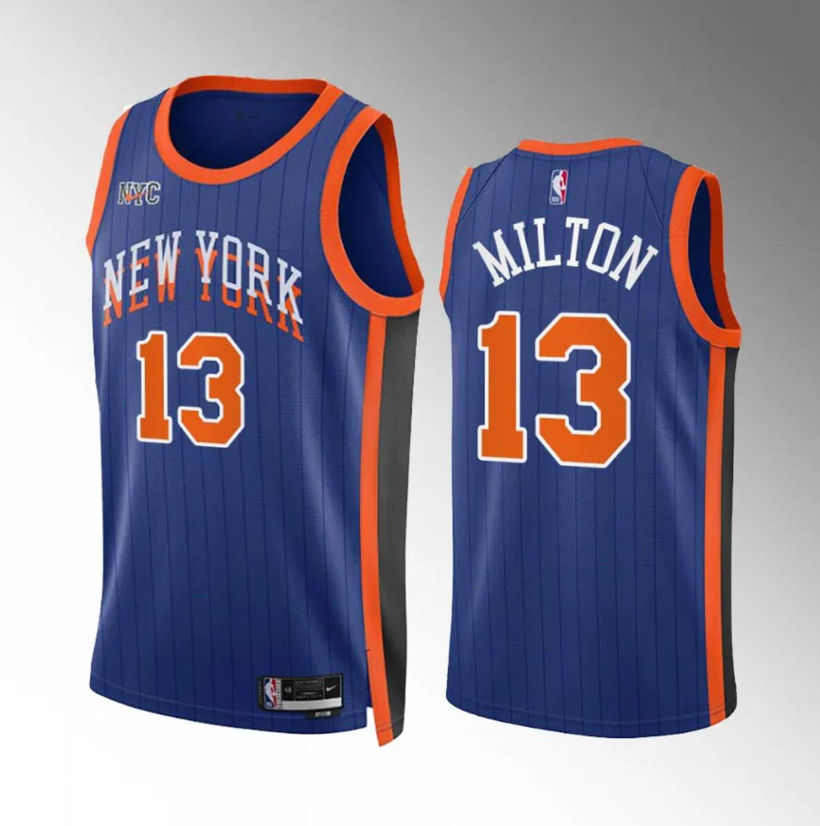 Men's New Yok Knicks #13 Shake Milton Blue 2023/24 City Edition Stitched Basketball Jersey Men's New Yok Knicks #13 Shake Milton Blue 2023/24 City Edition Stitched Basketball Jersey