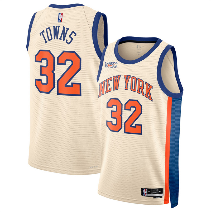 Men's New Yok Knicks #32 Karl-Anthony Towns Cream 2025/26 City Edition Stitched Basketball Jersey Men's New Yok Knicks #32 Karl-Anthony Towns Cream 2025/26 City Edition Stitched Basketball Jersey