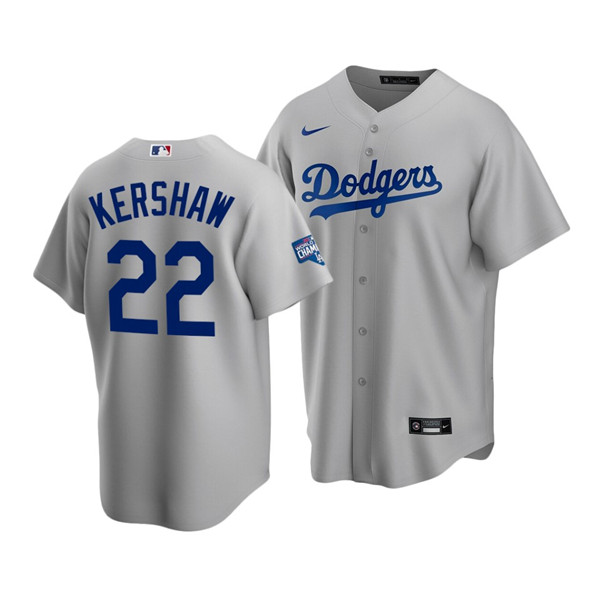 Men's Los Angeles Dodgers #22 Clayton Kershaw Grey 2020 World Series Champions Home Patch Cool Base Stitched MLB Jersey Men's Los Angeles Dodgers #22 Clayton Kershaw Grey 2020 World Series Champions Home Patch Cool Base Stitched MLB Jersey