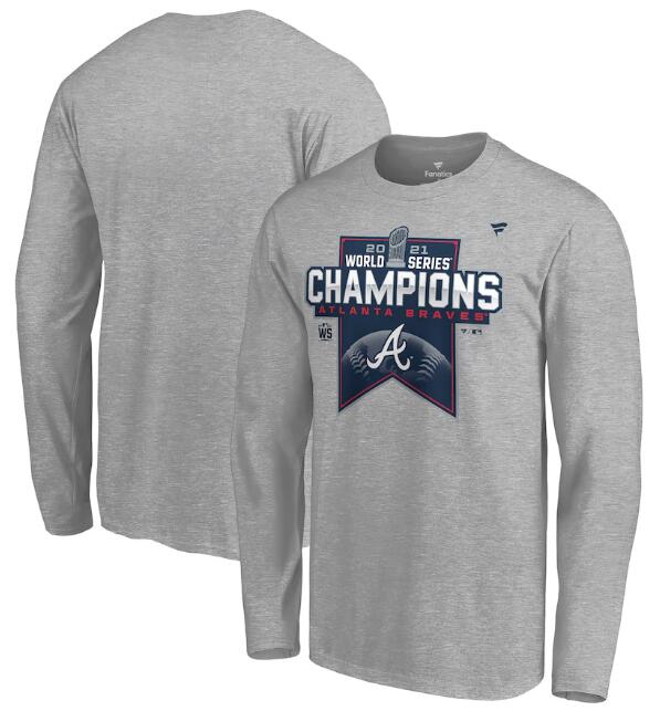 Men's Atlanta Braves 2021 Heathered Gray World Series Champions Locker Room Long Sleeve T-Shirt Men's Atlanta Braves 2021 Heathered Gray World Series Champions Locker Room Long Sleeve T-Shirt