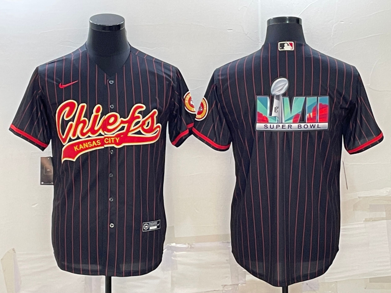Men's Kansas City Chiefs Black With Super Bowl LVII Big Logo Cool Base Stitched Baseball Jersey Men's Kansas City Chiefs Black With Super Bowl LVII Big Logo Cool Base Stitched Baseball Jersey