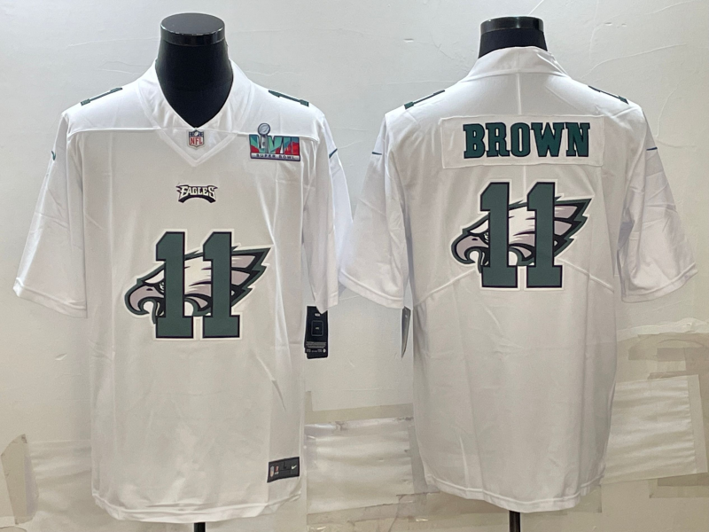Men's Philadelphia Eagles #11 A. J. Brown Super Bowl LVII Patch White Shadow Logo Limited Stitched Jersey Men's Philadelphia Eagles #11 A. J. Brown Super Bowl LVII Patch White Shadow Logo Limited Stitched Jersey